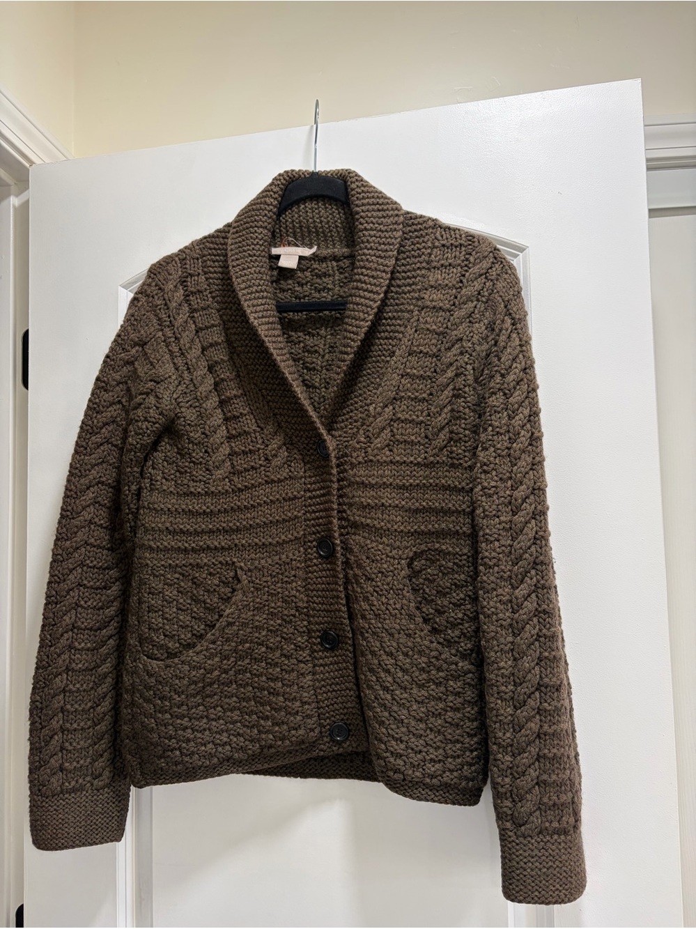 J.Crew 100% Wool Green Chunky Cable Knit Shawl Collar Cardigan Sweater - Size Xs